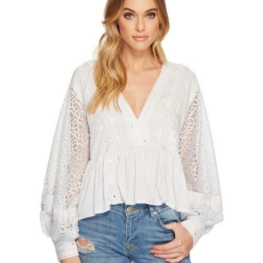 Free People pale blue lace balloon sleeve embroidered blouse, M!